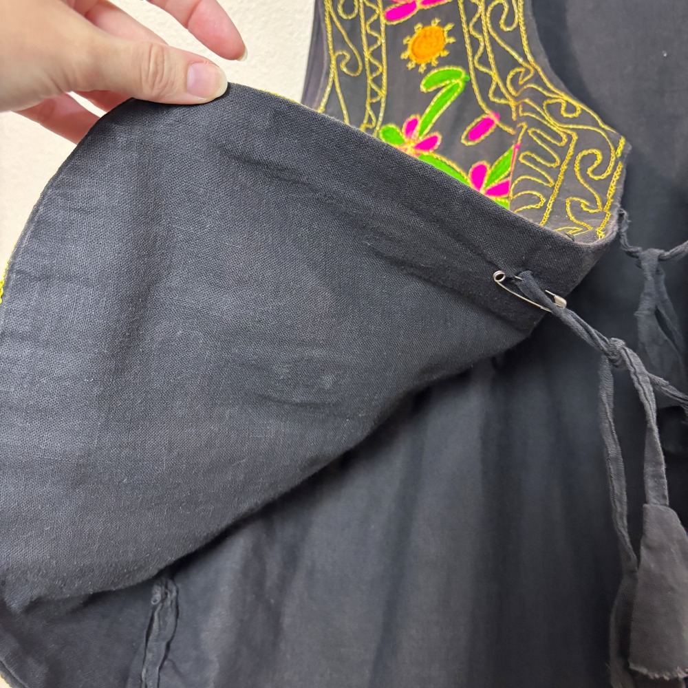 y2k Black Embroidered Mirror Vest Women's 2X Boho Festival Mirrorwork Tassel Tie - Picture 6 of 9